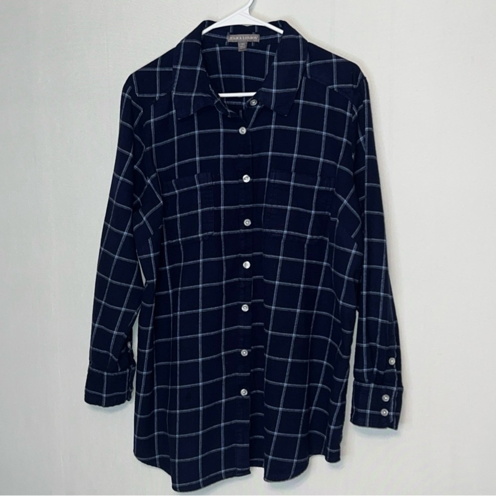 Jessica London Women Blue Long Sleeve Button-Down Shirt 18W Pockets.